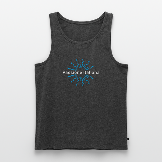 Männer-Tanktop mit weißem „Passione Italiana“-Print und blauem Sonnenmotiv auf der VorderseiteAnthrazit meliert