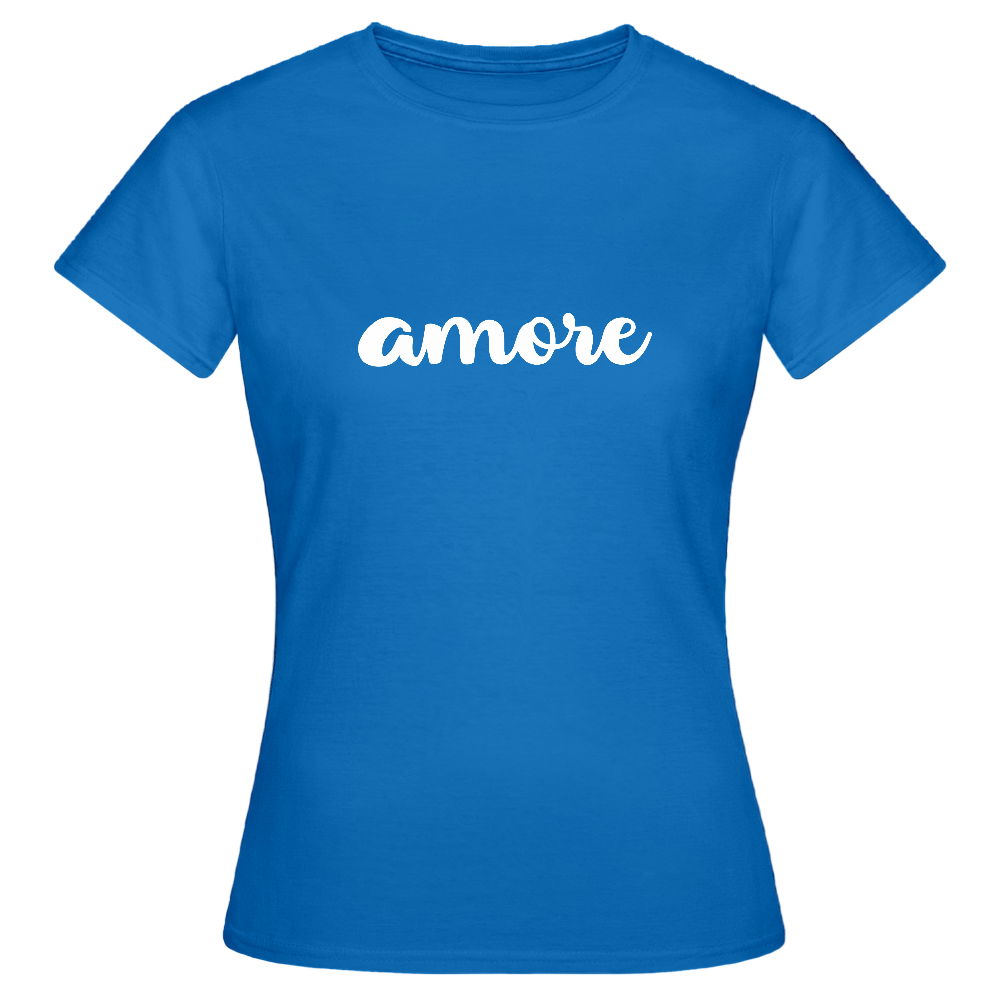 Damen-T-Shirt mit weißem „amore“-Schriftzug in eleganter Kursivschrift – minimalistisches Design von Passione Italianae - Royalblau