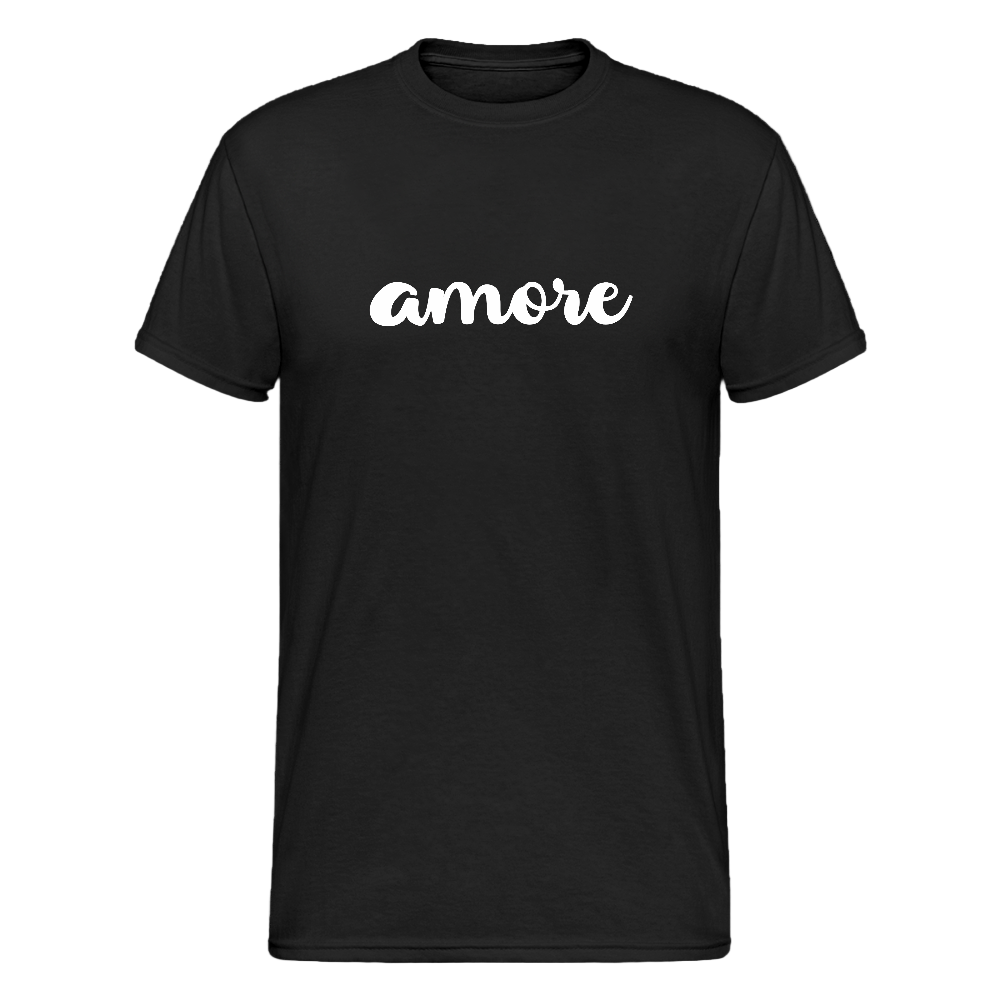 Schwarzes T-Shirt mit weißem „amore“-Schriftzug in eleganter Kursivschrift – minimalistisches Design von Passione Italiana