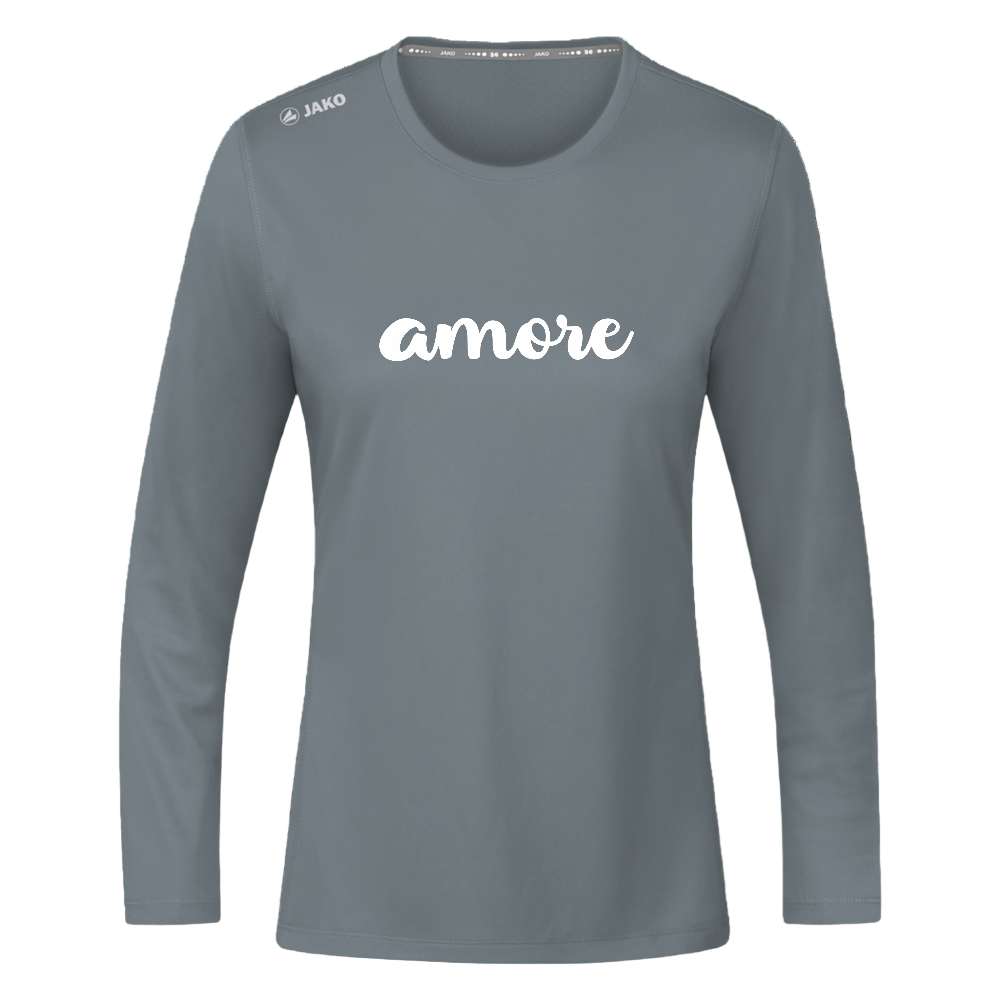 Sportshirt für Frauen mit Rundhals, Flatlock-Nähten und weißem „amore“-Print – ideal für Training und Freizeit - Grau