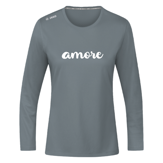 Sportshirt für Frauen mit Rundhals, Flatlock-Nähten und weißem „amore“-Print – ideal für Training und Freizeit - Grau
