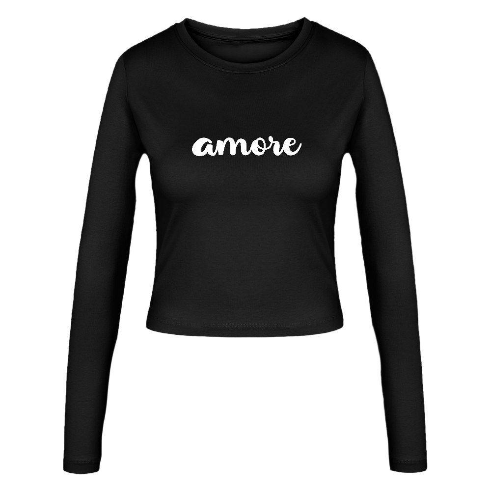 Schwarzes Cropped-Langarmshirt für Damen mit weißem „amore“-Schriftzug – körpernah geschnitten, Rundhalsausschnitt

