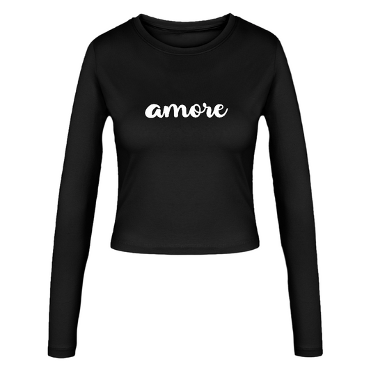 Schwarzes Cropped-Langarmshirt für Damen mit weißem „amore“-Schriftzug – körpernah geschnitten, Rundhalsausschnitt

