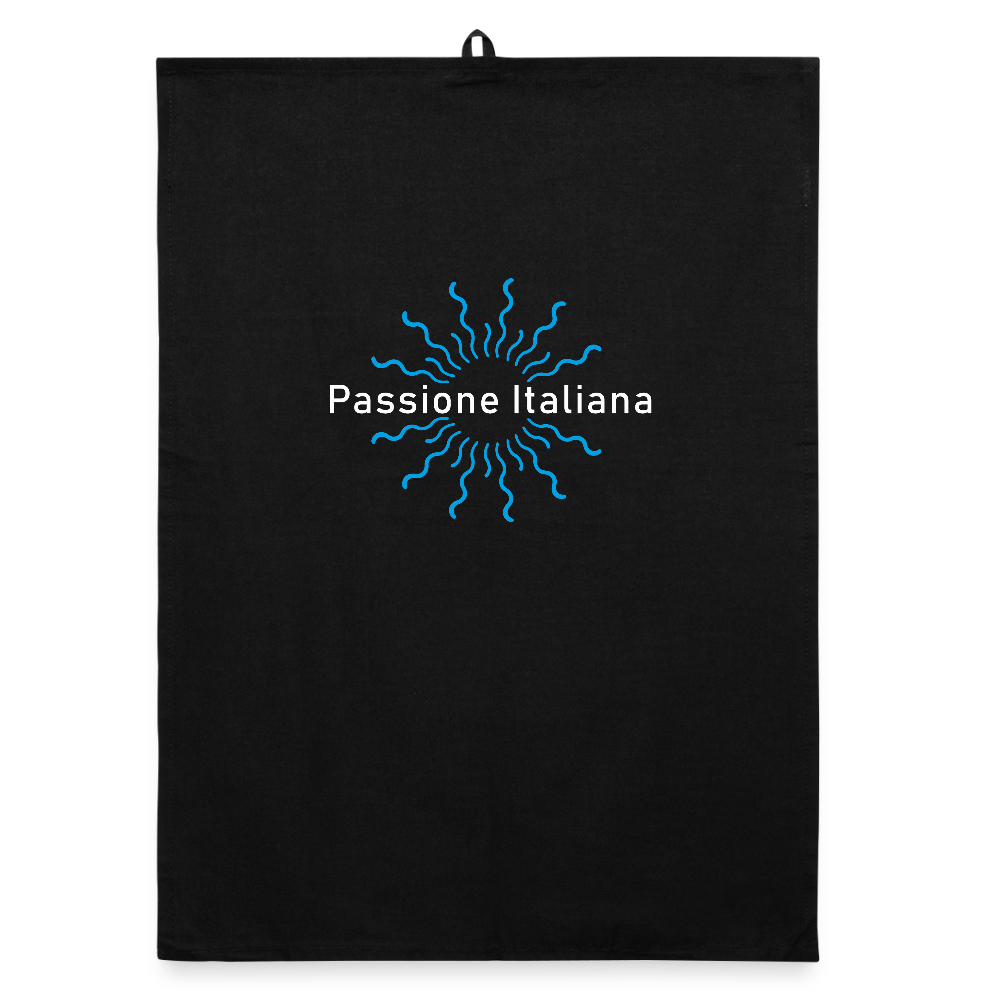 Schwarzes Geschirrtuch mit weißem „Passione Italiana“-Schriftzug und Sonnenstrahl-Motiv – stilvoll, nachhaltig, mit Aufhängeschlaufe