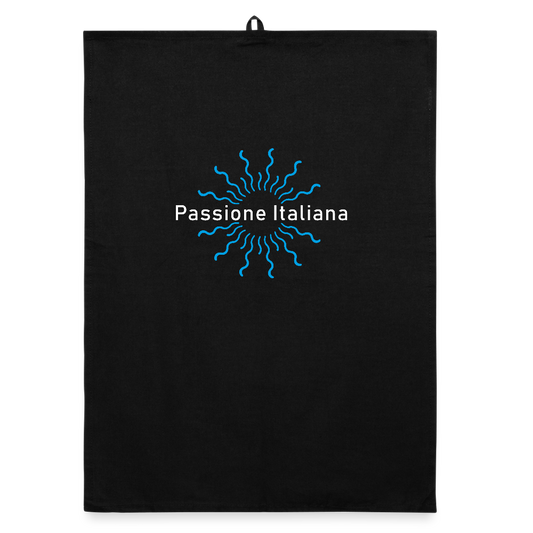 Schwarzes Geschirrtuch mit weißem „Passione Italiana“-Schriftzug und Sonnenstrahl-Motiv – stilvoll, nachhaltig, mit Aufhängeschlaufe