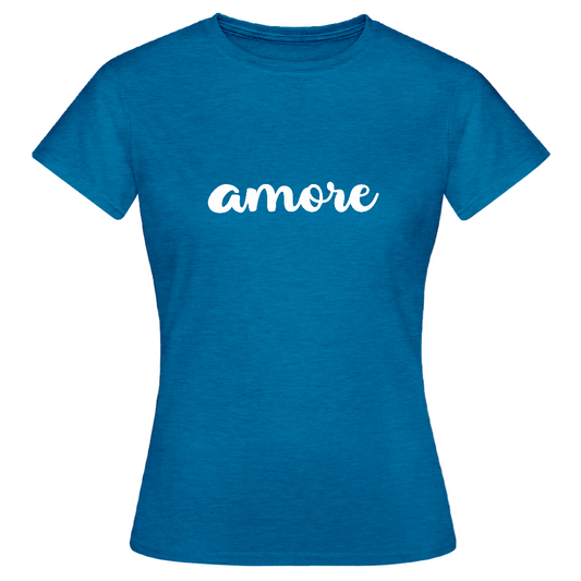 Italienisches Statement-Shirt für Frauen mit handgeschriebenem „amore“-Print – Symbol für Liebe und Stil
 - Antikblaues Saphir meliert