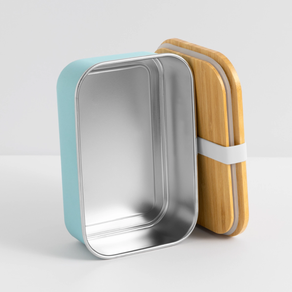 Edelstahl-Lunchbox mit Bambusdeckel und italienischem Spruch „Mangia bene, ridi spesso, ama molto“ – kompakt, aromadicht, dekorativ auf Küchenarbeitsplatte - Hellblau