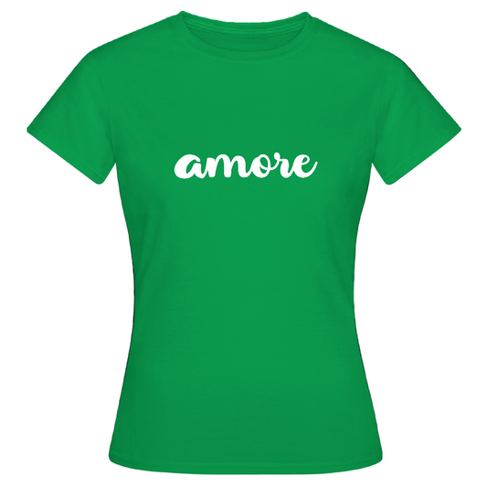 Feminines Typografie-Shirt mit dem Wort „amore“ – italienische Ästhetik auf schwarzem Hintergrund

 - Kelly Green