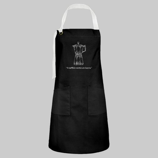 Schwarze Küchenschürze mit weißem Moka-Print und italienischem Spruch „Il caffè è come un bacio“ auf der Brust