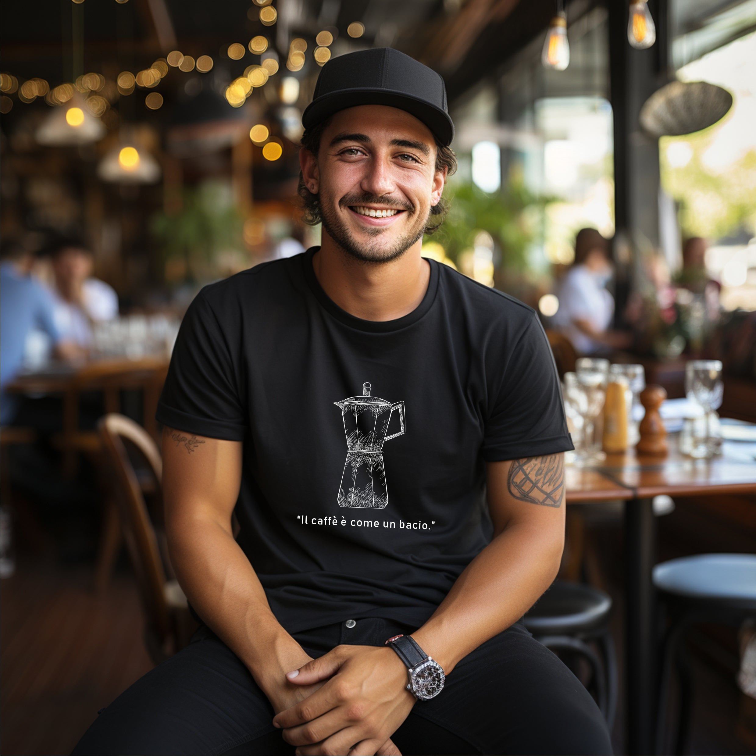 „Mann in schwarzem T-Shirt mit Moka-Grafik und italienischem Spruch ‚Il caffè è come un bacio‘ – aufgenommen in gemütlichem Café-Ambiente.“