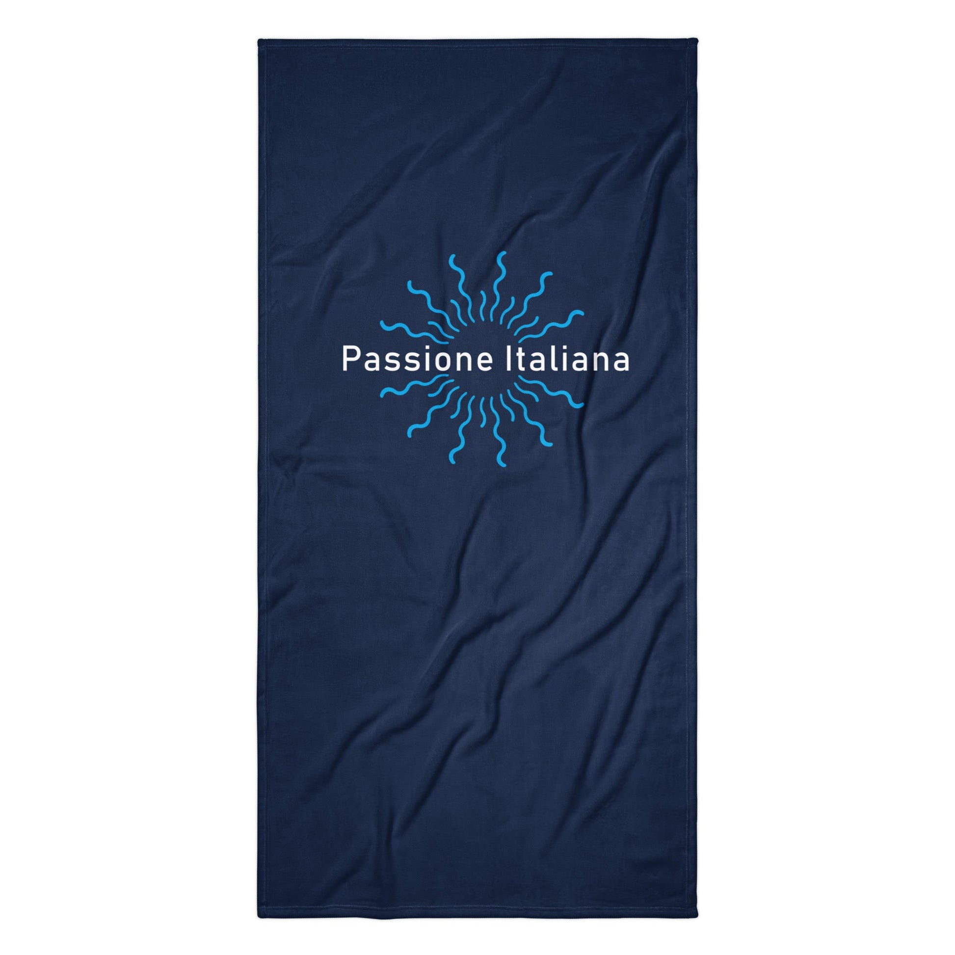 Dunkelblaues Handtuch mit hellblauem Sonnenmotiv und weißem Schriftzug „Passione Italiana“ – italienisches Design für Bad & Strand.
