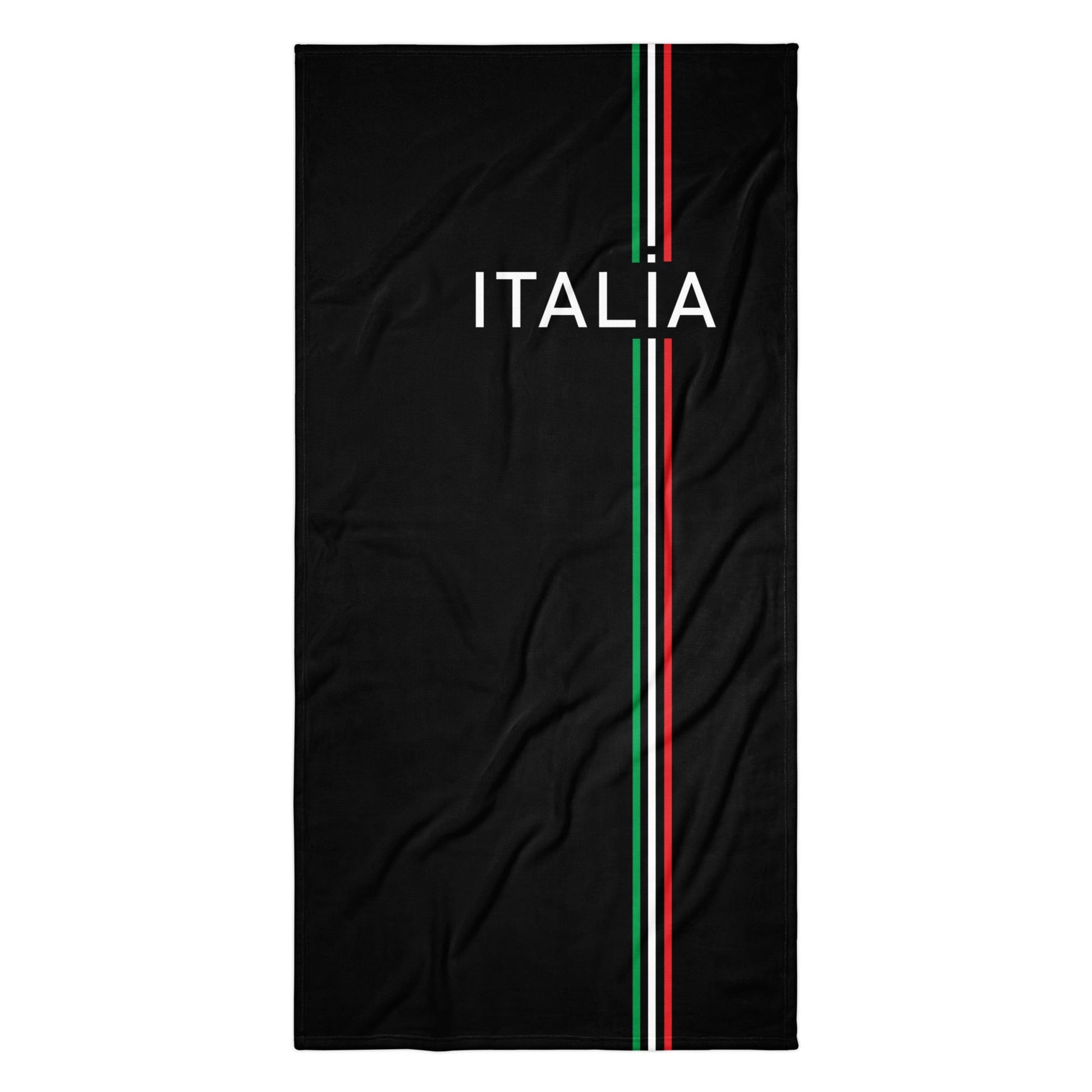Schwarzes Handtuch mit vertikalem „ITALIA“-Schriftzug und italienischer Flagge in Grün, Weiß, Rot


