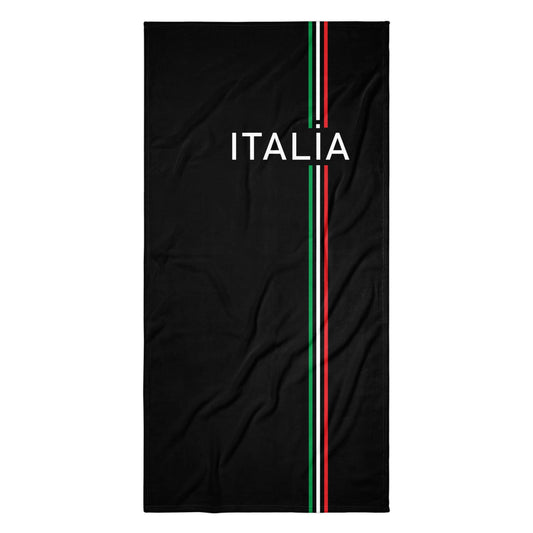 Schwarzes Handtuch mit vertikalem „ITALIA“-Schriftzug und italienischer Flagge in Grün, Weiß, Rot

