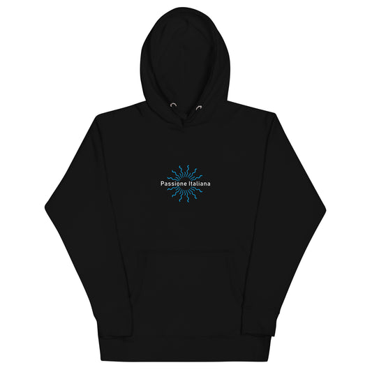 Unisex-Kapuzenpullover aus Baumwoll-Polyester-Mix, flach ausgebreitet vor hellem Hintergrund; Vorderseite sichtbar mit weißem Schriftzug „Passione Italiana“ und weißem Herzmotiv mittig auf der Brust, klassische Kapuze mit Kordelzug und Kängurutasche, Farbe: Schwarz, erhältlich in Größen S bis 3XL.