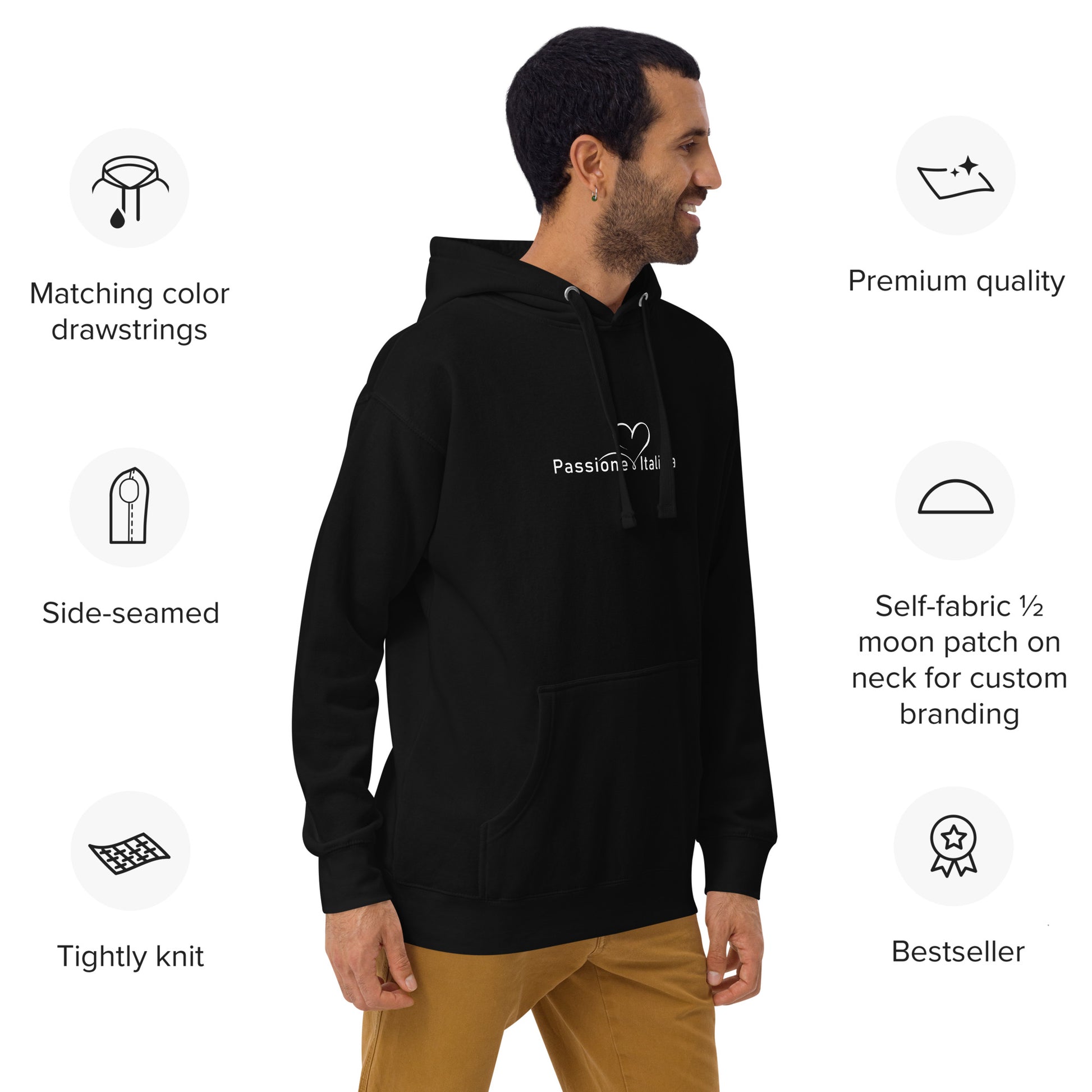 Schwarzer Unisex-Kapuzenpullover mit „Passion Vibes“-Schriftzug und Herzmotiv auf der Vorderseite; Premium-Hoodie mit gleichfarbigen Kordeln, Seitennähten und ½-Mond-Patch im Nacken – Bestseller für nachhaltige Streetwear mit Haltung.
