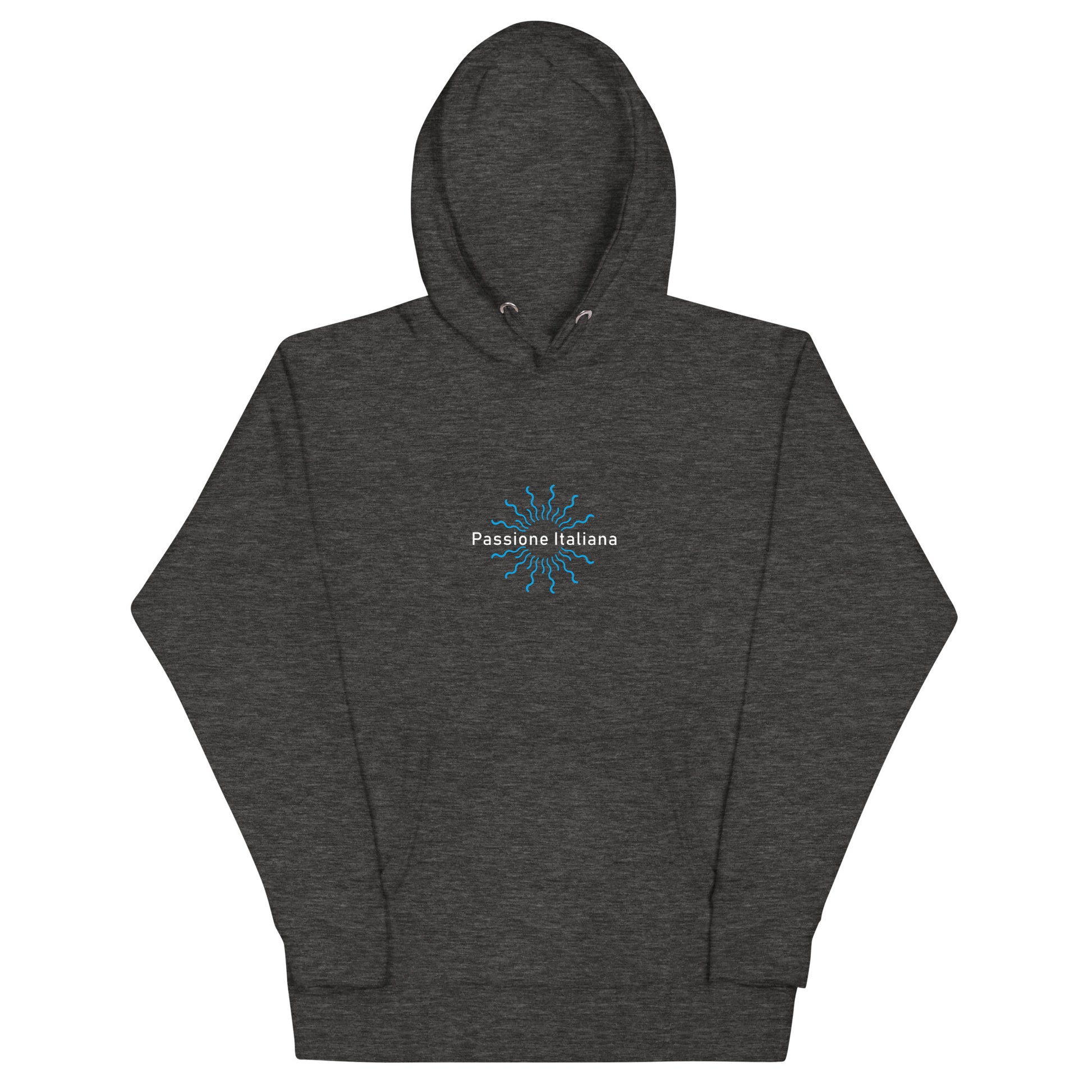 Unisex-Kapuzenpullover aus Baumwoll-Polyester-Mix, flach ausgebreitet vor hellem Hintergrund; Vorderseite sichtbar mit weißem Schriftzug „Passione Italiana“ und weißem Herzmotiv mittig auf der Brust, klassische Kapuze mit Kordelzug und Kängurutasche, Farbe: Schwarz, erhältlich in Größen S bis 3XL.
