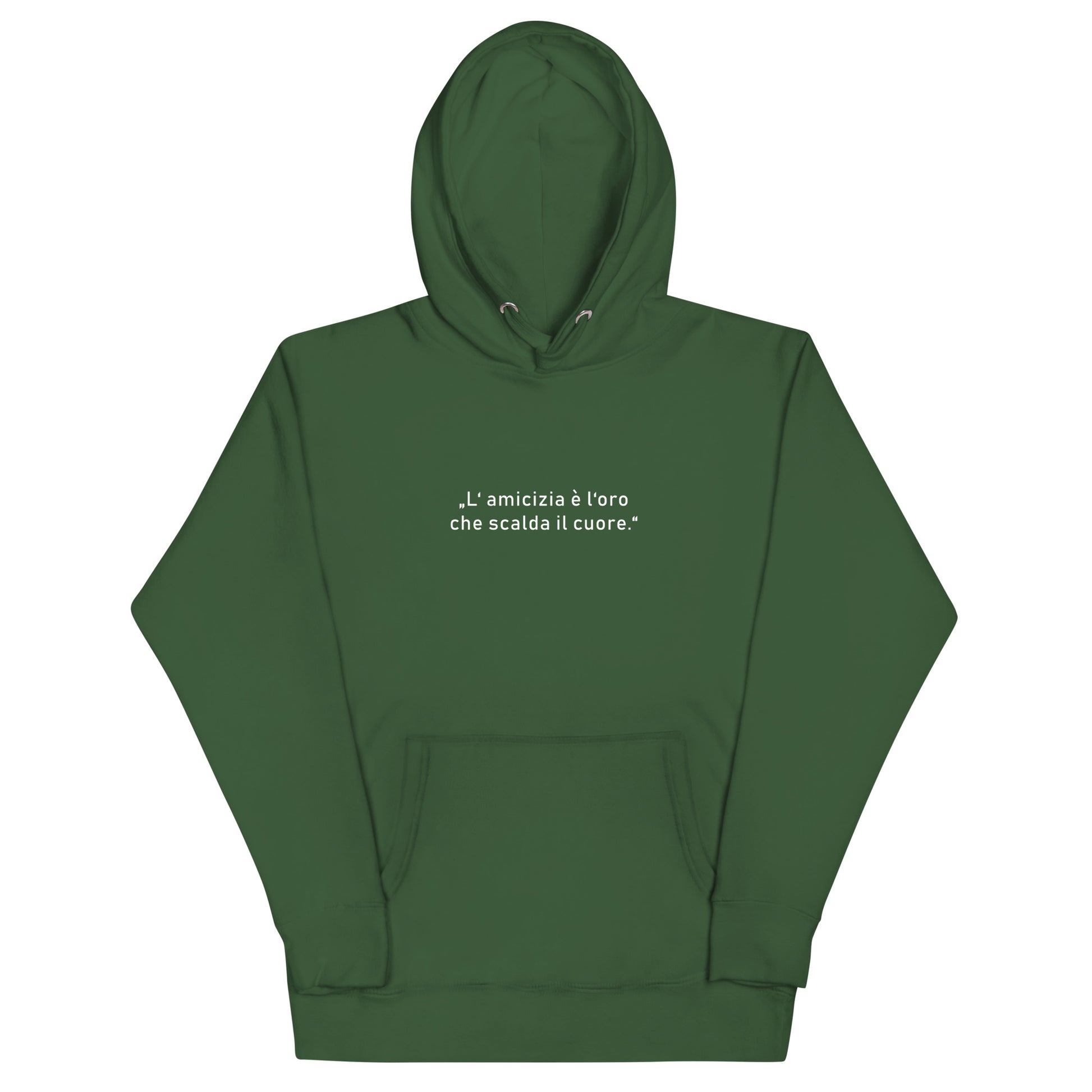 Unisex-Kapuzenpullover aus Baumwoll-Polyester-Mix  mit goldfarbenem Schriftzug „Freundschaft ist das Gold, das das Herz erwärmt“ auf der Vorderseite; klassischer Schnitt mit Kapuze und Beuteltasche, erhältlich in mehreren Farben und Größen.