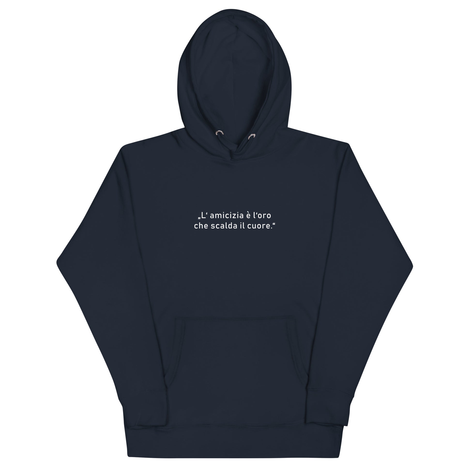 Unisex-Kapuzenpullover aus Baumwoll-Polyester-Mix  mit goldfarbenem Schriftzug „Freundschaft ist das Gold, das das Herz erwärmt“ auf der Vorderseite; klassischer Schnitt mit Kapuze und Beuteltasche, erhältlich in mehreren Farben und Größen.