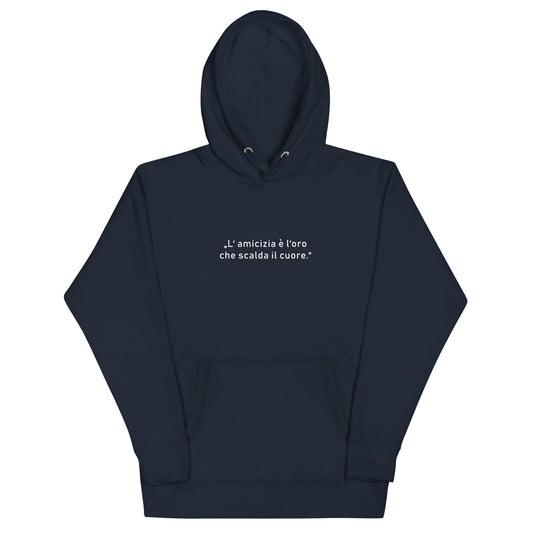 Unisex-Kapuzenpullover aus Baumwoll-Polyester-Mix  mit goldfarbenem Schriftzug „Freundschaft ist das Gold, das das Herz erwärmt“ auf der Vorderseite; klassischer Schnitt mit Kapuze und Beuteltasche, erhältlich in mehreren Farben und Größen.