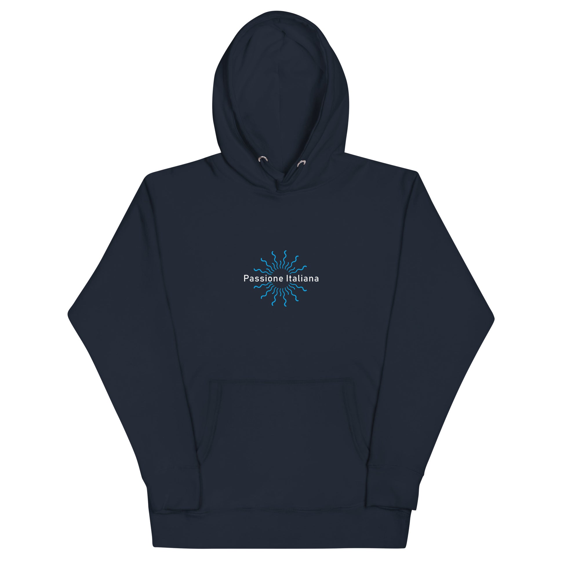 Unisex-Kapuzenpullover aus Baumwoll-Polyester-Mix, flach ausgebreitet vor hellem Hintergrund; Vorderseite sichtbar mit weißem Schriftzug „Passione Italiana“ und weißem Herzmotiv mittig auf der Brust, klassische Kapuze mit Kordelzug und Kängurutasche, Farbe: Schwarz, erhältlich in Größen S bis 3XL.