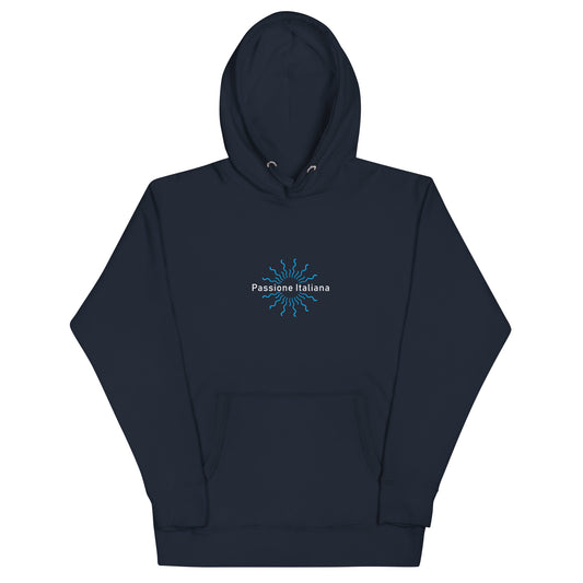 Unisex-Kapuzenpullover aus Baumwoll-Polyester-Mix, flach ausgebreitet vor hellem Hintergrund; Vorderseite sichtbar mit weißem Schriftzug „Passione Italiana“ und weißem Herzmotiv mittig auf der Brust, klassische Kapuze mit Kordelzug und Kängurutasche, Farbe: Schwarz, erhältlich in Größen S bis 3XL.