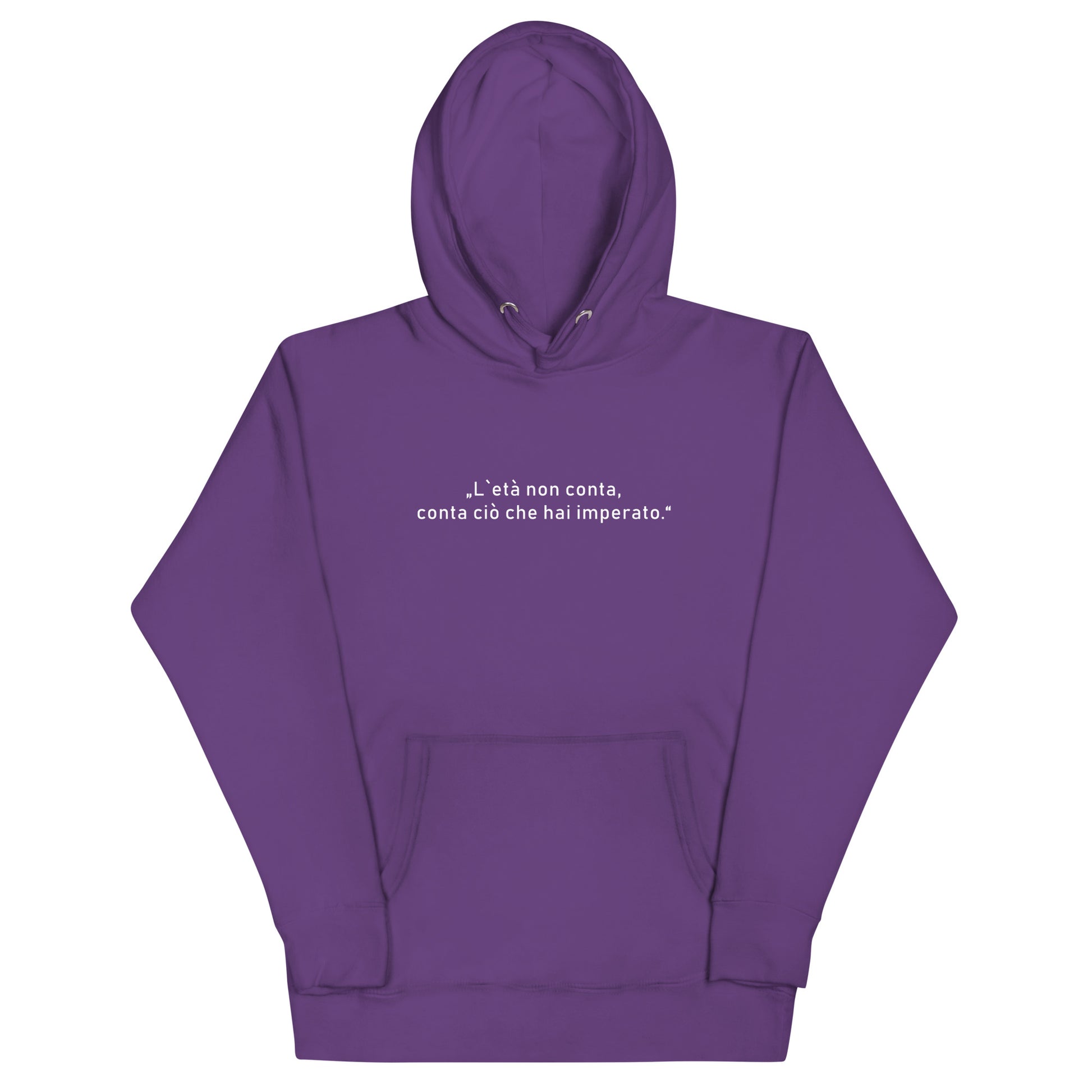Unisex Hoodie „L’età“ aus Bio-Baumwolle mit italienischem Zitat über das Alter.