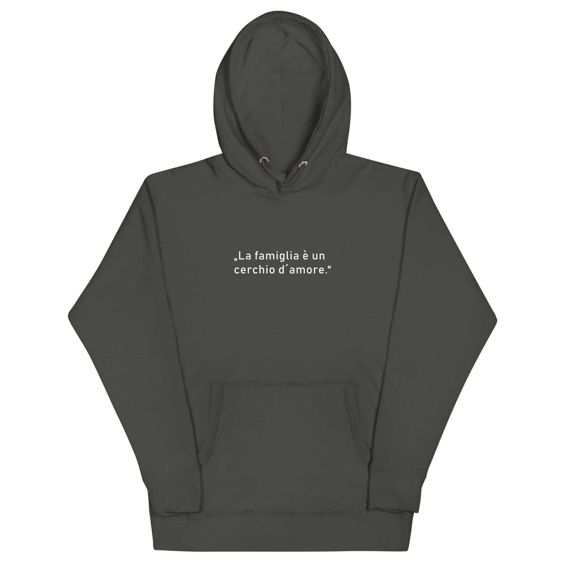 Unisex-Kapuzenpullover mit italienischem Zitat „La famiglia è un cerchio d’amore“ auf der Vorderseite, Teil der Kollektion Famiglia e amore von Passione Italiana.