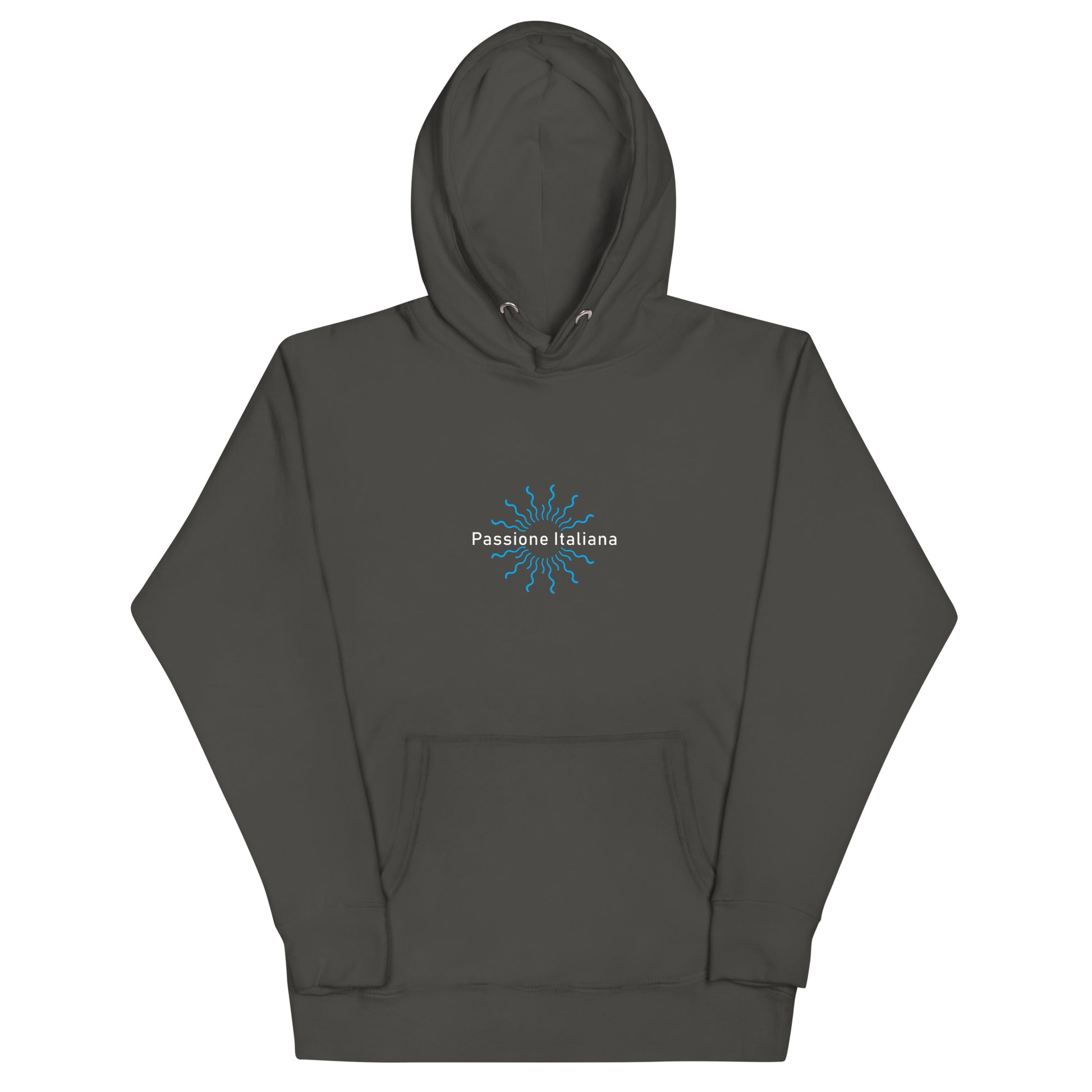 Unisex-Kapuzenpullover aus Baumwoll-Polyester-Mix, flach ausgebreitet vor hellem Hintergrund; Vorderseite sichtbar mit weißem Schriftzug „Passione Italiana“ und weißem Herzmotiv mittig auf der Brust, klassische Kapuze mit Kordelzug und Kängurutasche, Farbe: Schwarz, erhältlich in Größen S bis 3XL.