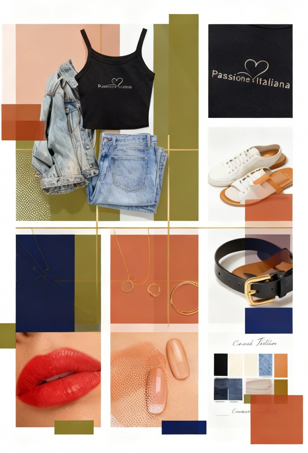 Fashion-Collage mit schwarzem „Passione Italiana“-Tanktop, Denim-Outfit, weißen Sneakern, goldenen Accessoires, Lippenstift und Nagellack; mediterran inspirierter Look mit Herzmotiv – ideal für Streetwear, Casual Chic und aktivistische Mode.