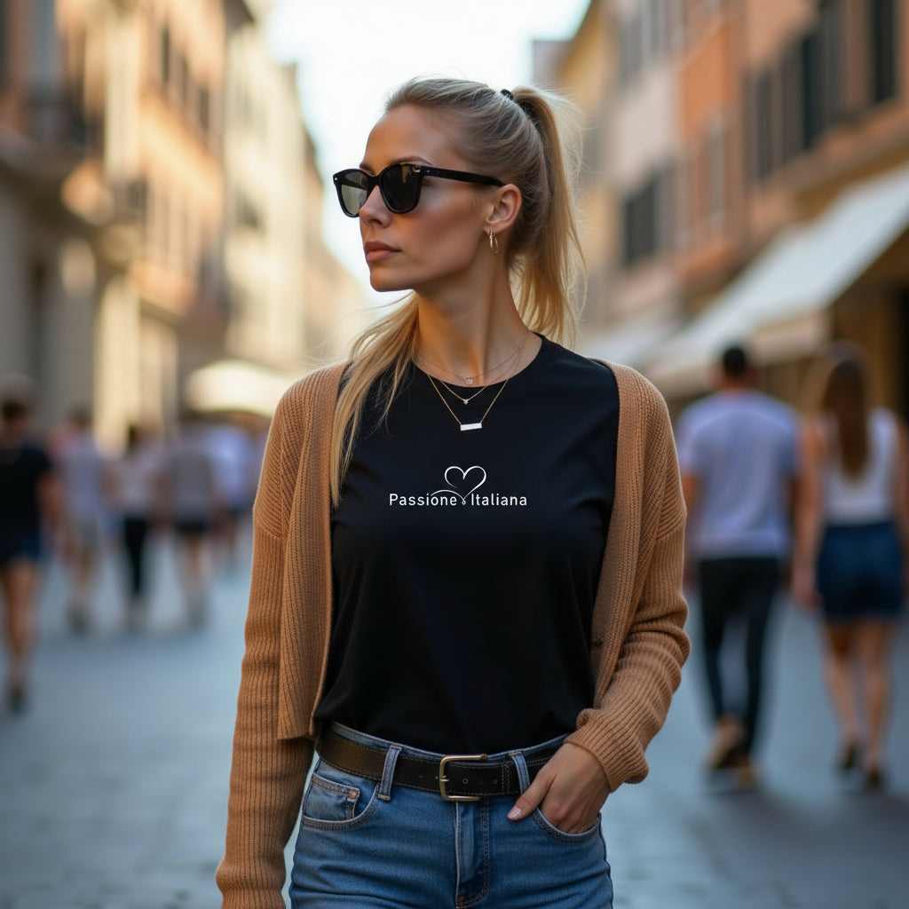 Schwarzes Unisex-T-Shirt mit weißem „Passione Italiana“-Schriftzug und Herzmotiv; getragen mit Cardigan und Jeans auf einer italienischen Kopfsteinpflasterstraße – Streetwear mit mediterranem Flair und aktivistischer Botschaft.