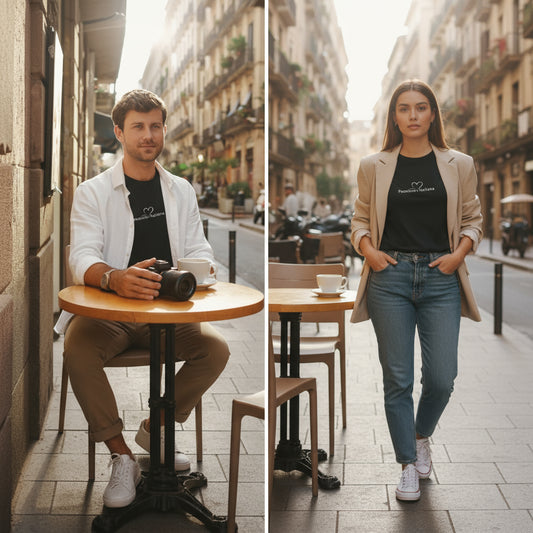 Schwarzes Unisex-T-Shirt mit weißem „Together is Love“-Schriftzug und Herzmotiv; getragen von Mann und Frau in mediterraner Altstadt-Szenerie mit Blazer und Hemd – nachhaltige Streetwear mit aktivistischer Botschaft und urbanem Flair.