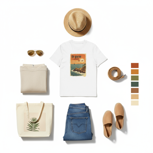 Flatlay-Arrangement mit weißem Bio-T-Shirt mit Frontdruck „Un giorno“ und italienischem Küstenmotiv, kombiniert mi

Dieses T-Shirt erzählt eine Geschichte – von Sehnsucht, mediterraner Wärme und dem Mut, sich zu melden. Der hochwertige Frontdruck zeigt eine nostalgische Küstenlandschaft im Vintage-Stil, begleitet vom Satz: „Un giorno ti chiamerò con +39“ – „Eines Tages werde ich dich mit +39 anrufen“, der italienischen Landesvorwahl.

Ob als Gruß aus der Ferne, als Erinnerung an einen besonderen Ort oder al