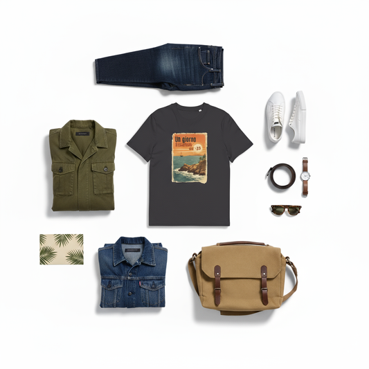 Flatlay mit dunkelgrauem T-Shirt mit Vintage-Print „Un giorno“ und Küstenmotiv, kombiniert mit dunkelblauer Jeans, grüner Utility-Hemdjacke, Jeansjacke mit grauem Innenfutter, weißen Sneakers, Sonnenbrille, Armbanduhr mit Lederband, beiger Canvas-Schultertasche und palmblattbedrucktem Etui – inspiriert von italienischem Abenteuerstil und urbaner Reisemode.