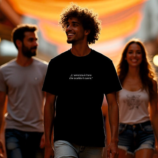 Person mit lockigem Haar trägt schwarzes T-Shirt mit weißem italienischen Zitat „L’amicizia è l’oro che scalda il cuore“, begleitet von zwei weiteren Personen im Hintergrund