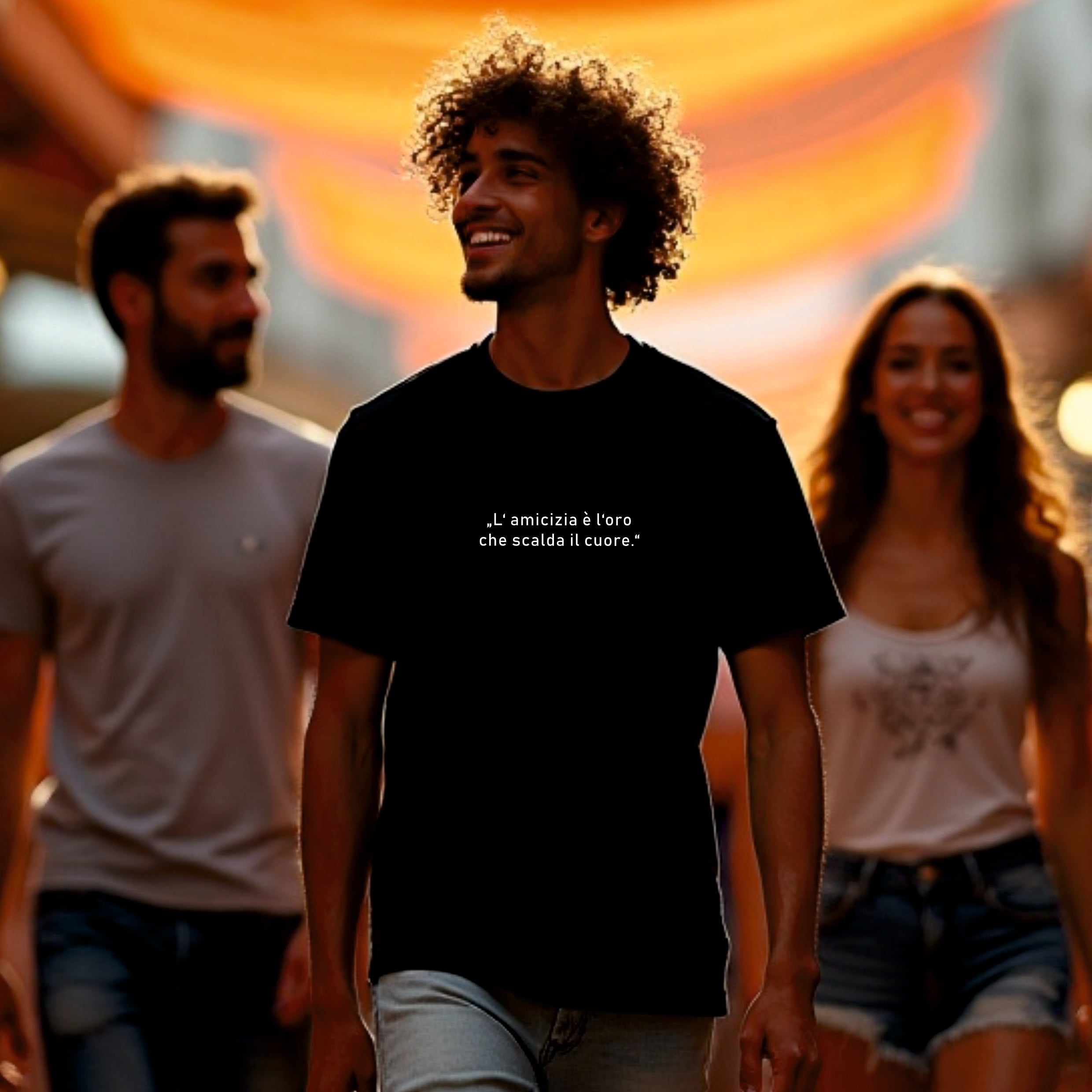 Unisex-T-Shirt aus 100 % Bio-Baumwolle in Schwarz, mit goldfarbenem Schriftzug „Freundschaft ist das Gold, das das Herz erwärmt“ auf der Vorderseite; nachhaltiges Material, klassischer Schnitt, erhältlich in mehreren Farben und Größen