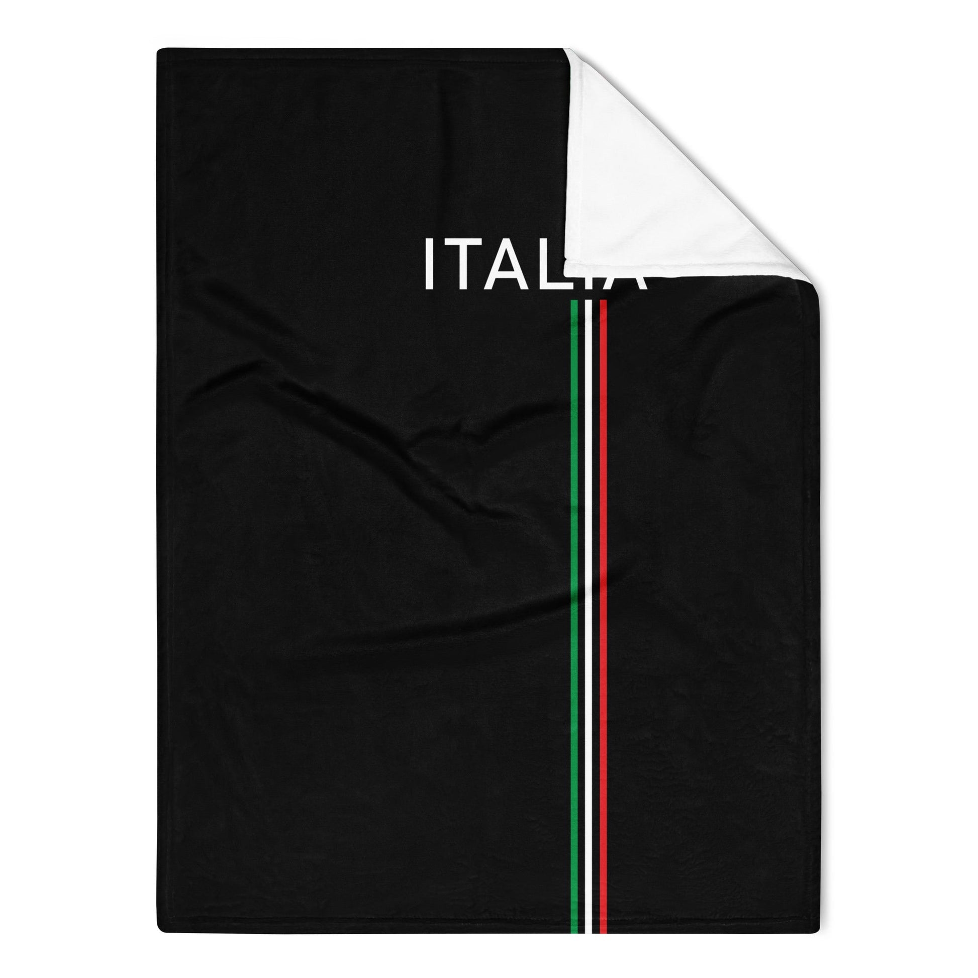 Schwarze Tagesdecke mit italienischer Flagge in Grün-Weiß-Rot und weißem „ITALIA“-Schriftzug, seidenweiches Polyestergewebe.