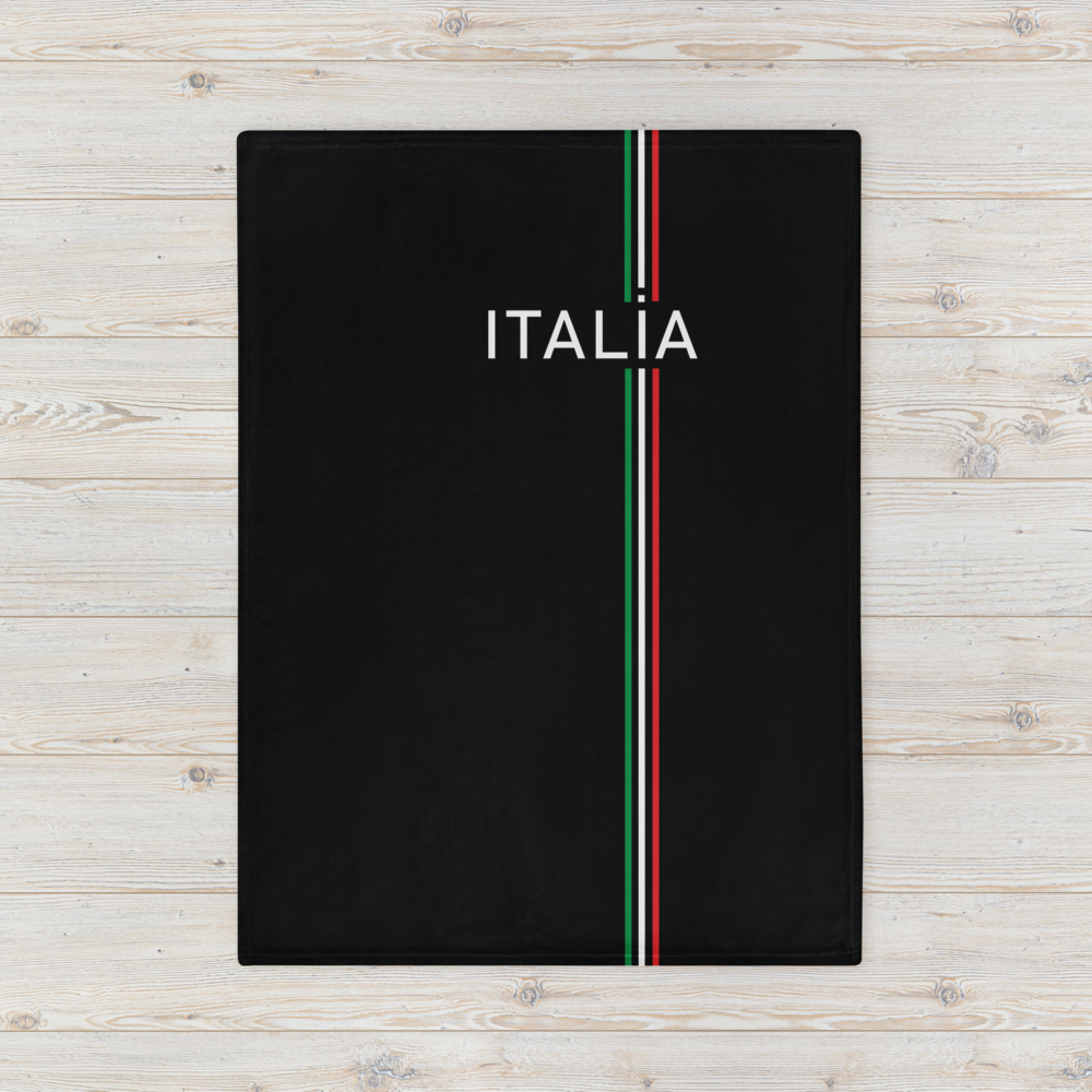 Tagesdecke mit italienischer Flagge in Grün, Weiß und Rot auf schwarzem Hintergrund, vertikaler „ITALIA“-Schriftzug