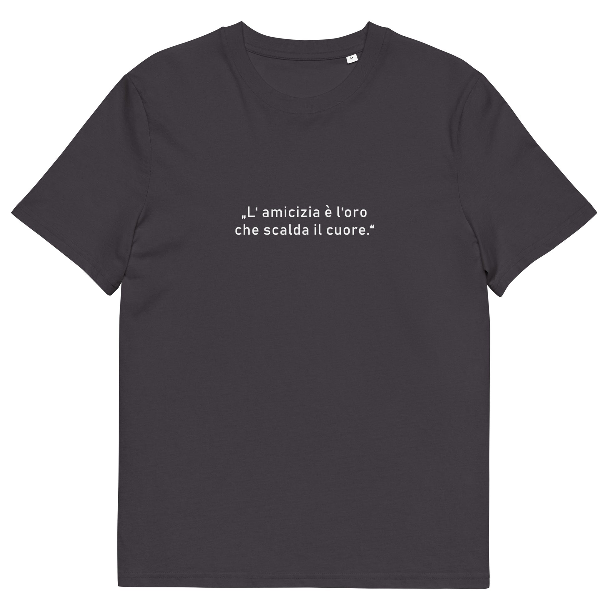 Unisex-T-Shirt aus 100 % Bio-Baumwolle mit dem goldfarbenen Schriftzug „Freundschaft ist das Gold, das das Herz erwärmt“ auf der Brust; schlichtes Design, nachhaltiges Material, geeignet für Damen und Herren.