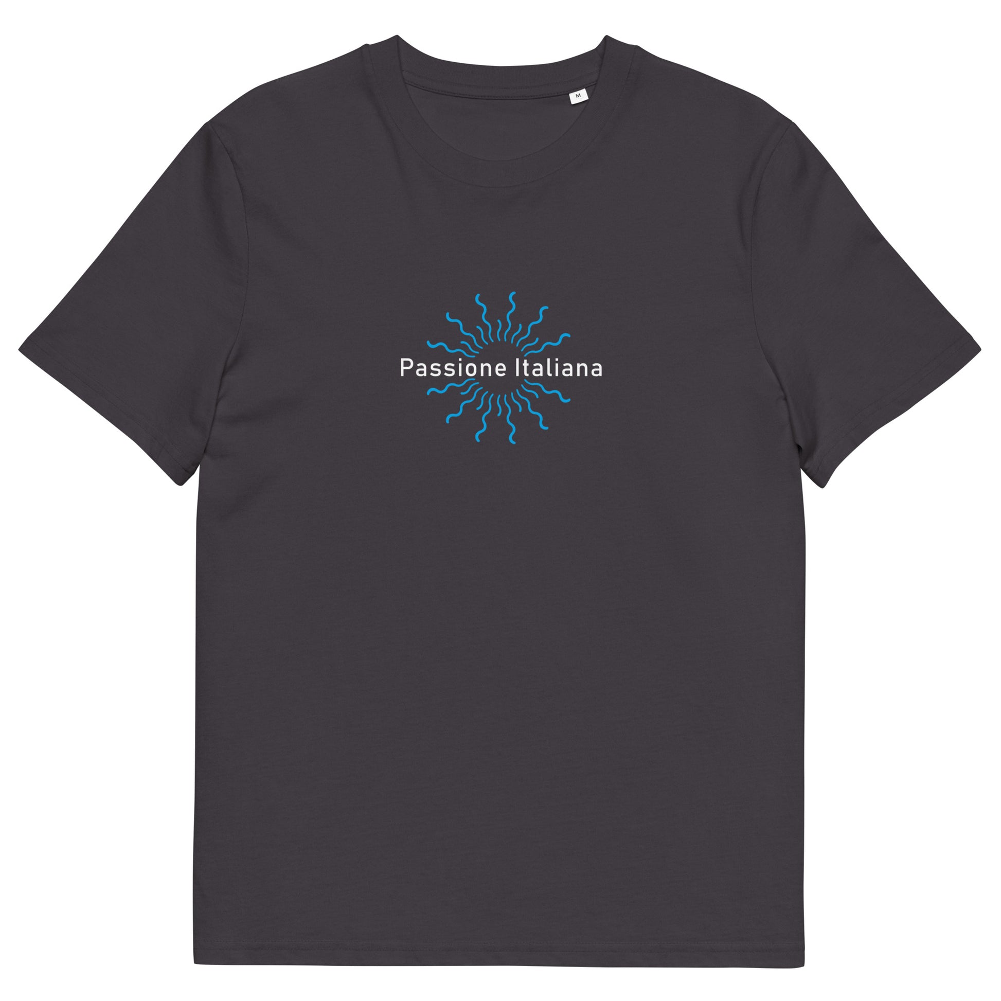  Unisex-T-Shirt aus 100 % Bio-Baumwolle mit weißem „Passione Italiana“-Schriftzug und strahlenförmigem Sonnenmotiv auf der Brust; klassischer Rundhalsausschnitt, nachhaltige Streetwear mit mediterranem Flair.