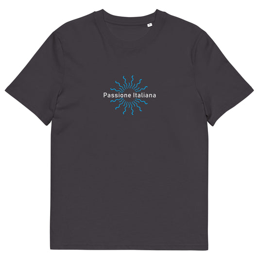  Unisex-T-Shirt aus 100 % Bio-Baumwolle mit weißem „Passione Italiana“-Schriftzug und strahlenförmigem Sonnenmotiv auf der Brust; klassischer Rundhalsausschnitt, nachhaltige Streetwear mit mediterranem Flair.