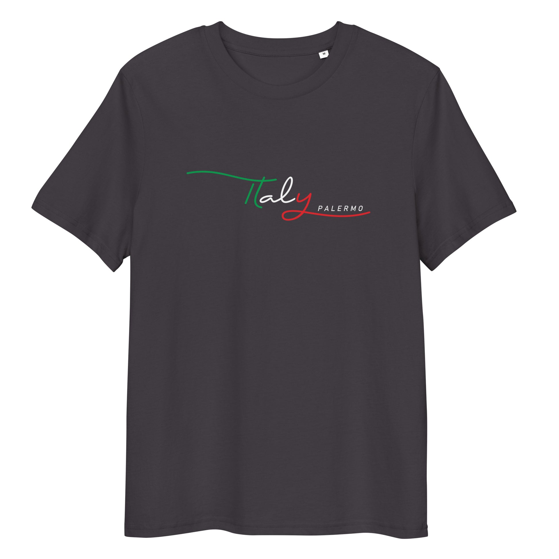 Unisex-T-Shirt aus 100 % Bio-Baumwolle mit dem Schriftzug „Italy“ in stilisierter Schrift in den Farben der italienischen Flagge (Grün, Weiß, Rot) und „PALERMO“ in weißen Großbuchstaben mit rotem Unterstrich; Design mittig auf der Brust.