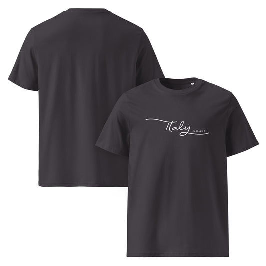 Unisex-T-Shirt aus 100 % Bio-Baumwolle , flach fotografiert mit weißem Frontprint, minimalistisches Design Italy Milano