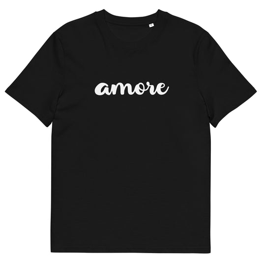 Unisex Bio-Baumwoll-T-Shirt „Amore“ in klassischem Schwarz, mit schlichtem italienischem Schriftzug-Design „Amore d’Oro“ – nachhaltiges, bequemes Shirt aus 100 % organischer Baumwolle, ideal für Alltag und Freizeit.