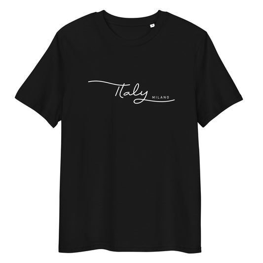 Unisex-T-Shirt aus 100 % Bio-Baumwolle in Schwarz, flach fotografiert mit weißem Frontprint, minimalistisches Design Italy Milano