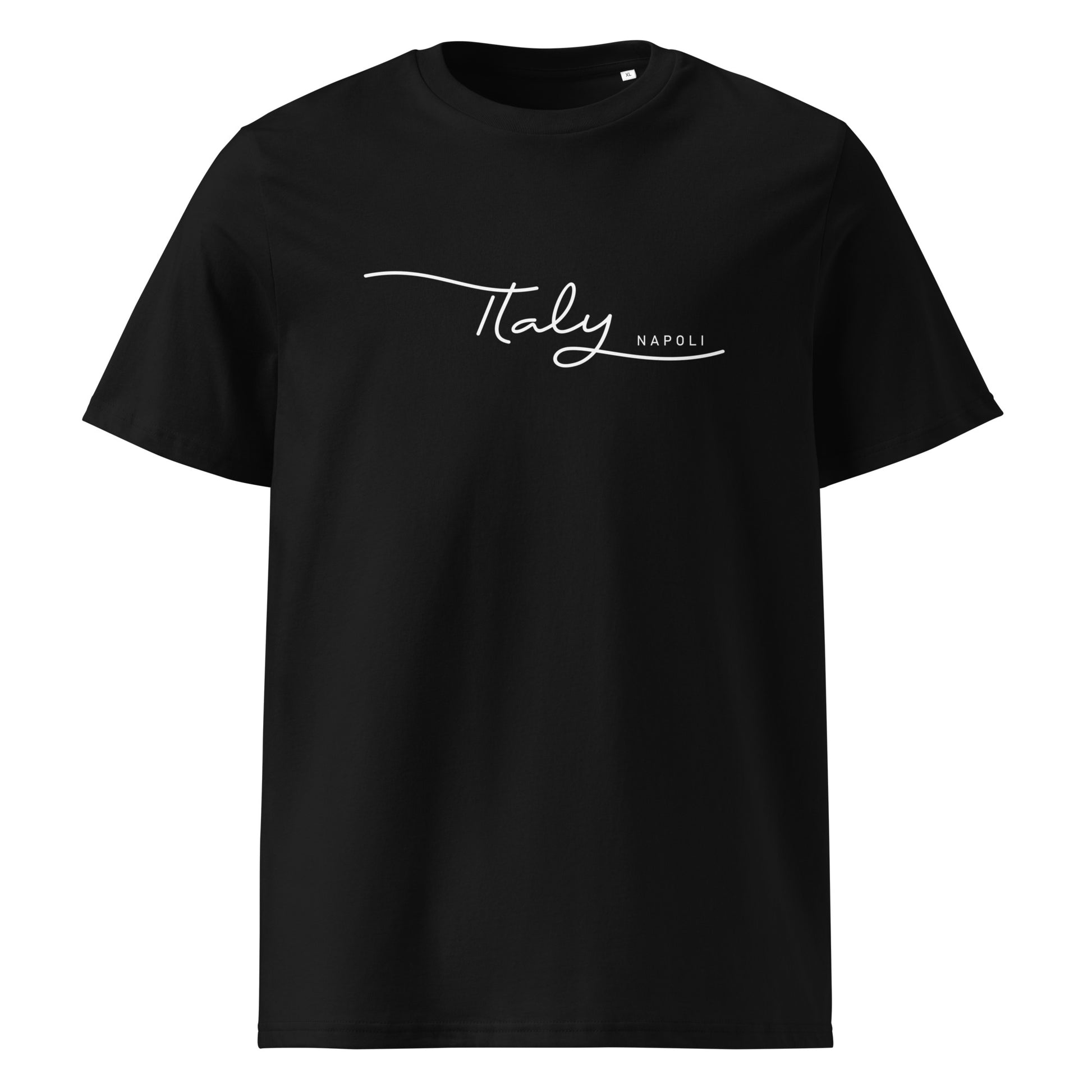Unisex-T-Shirt aus 100 % Bio-Baumwolle in Schwarz mit weißem Frontprint ‚Italy Napoli‘, flach fotografiert
