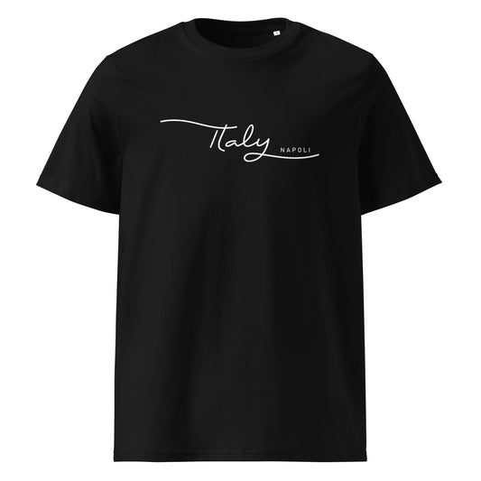 Unisex-T-Shirt aus 100 % Bio-Baumwolle in Schwarz mit weißem Frontprint ‚Italy Napoli‘, flach fotografiert