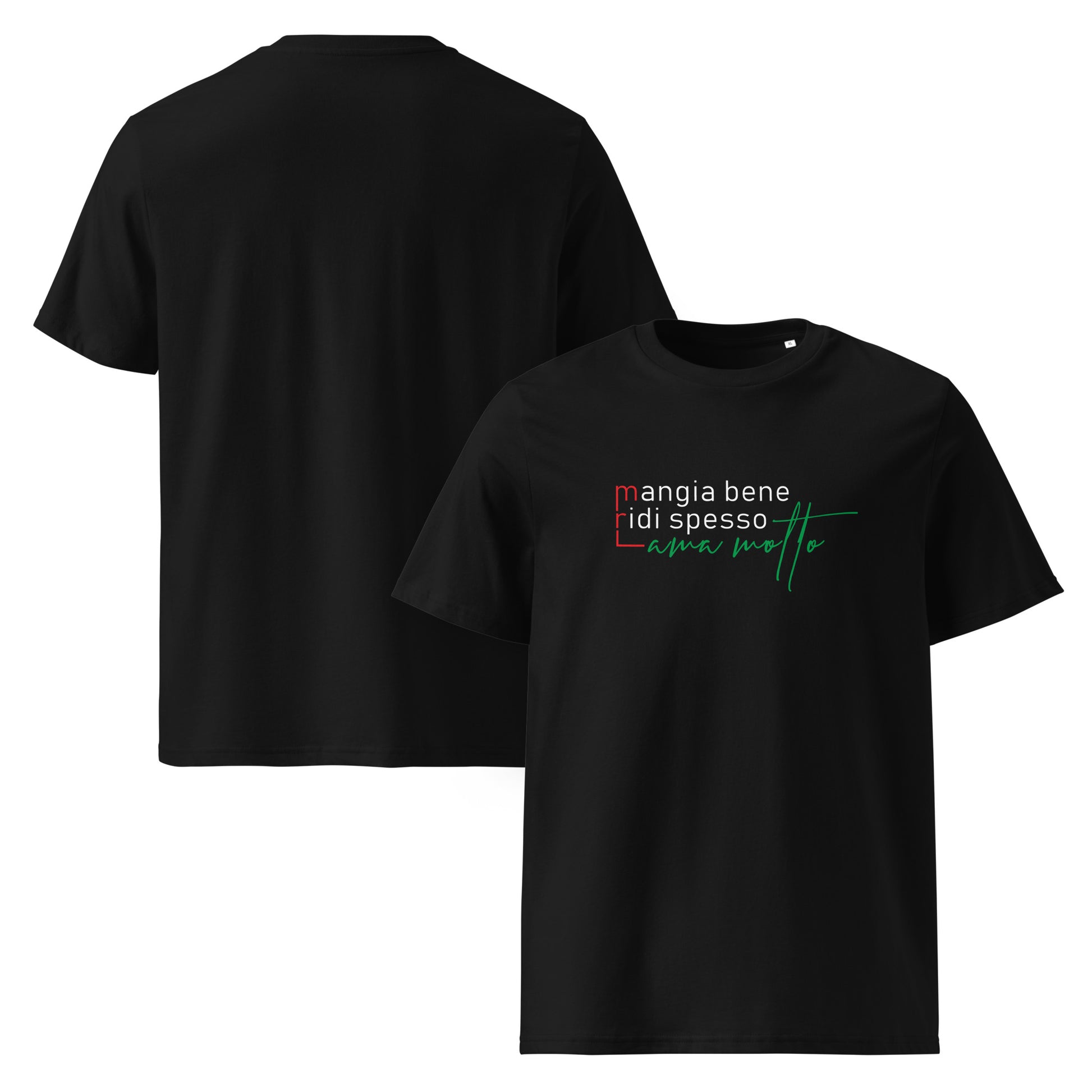 Unisex-T-Shirt aus 100 % Bio-Baumwolle, flach ausgebreitet vor hellem Hintergrund; Vorderseite sichtbar mit weißem Schriftzug „Mangia bene · Ridi spesso · Ama molto“ mittig auf der Brust, klassischer Rundhalsausschnitt, Farbe: Schwarz, erhältlich in Größen S bis 5XL.
