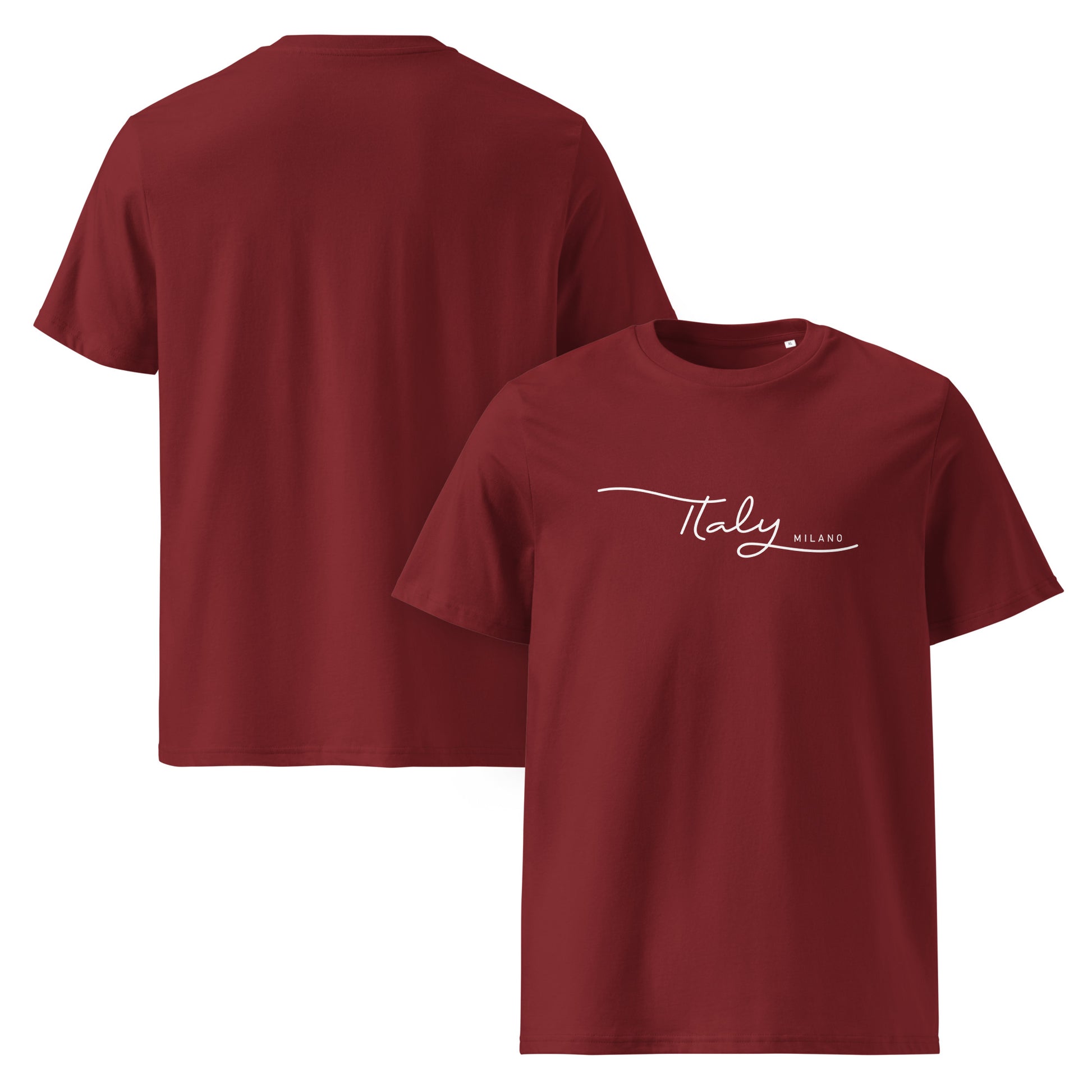 Unisex-T-Shirt aus 100 % Bio-Baumwolle , flach fotografiert mit weißem Frontprint, minimalistisches Design Italy Milano