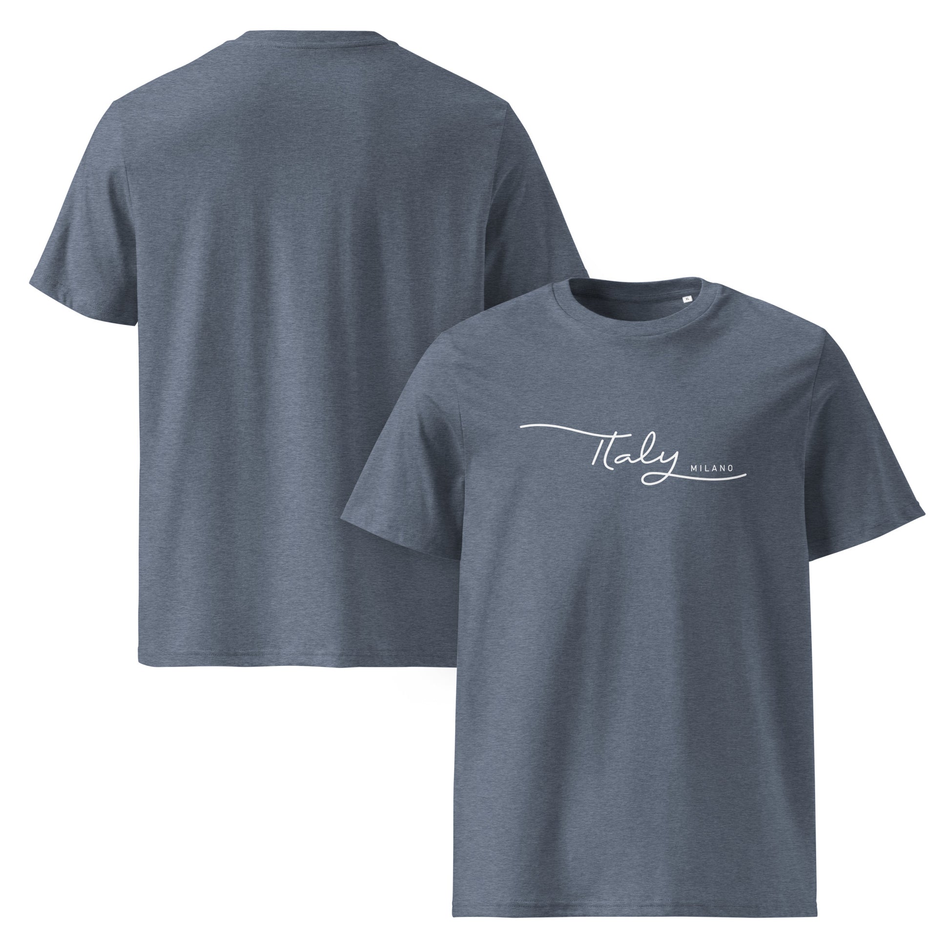 Unisex-T-Shirt aus 100 % Bio-Baumwolle , flach fotografiert mit weißem Frontprint, minimalistisches Design Italy Milano