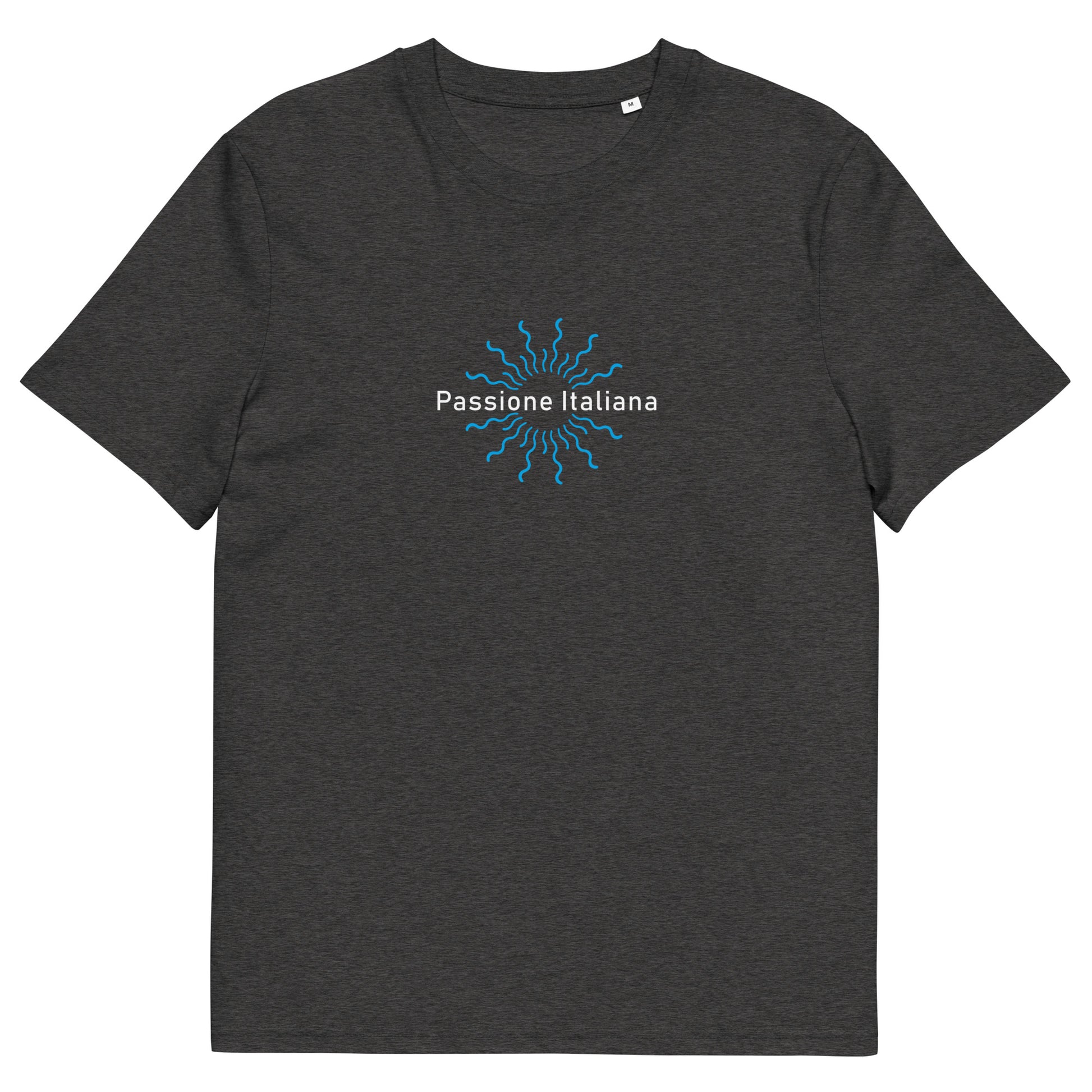 Unisex-T-Shirt aus 100 % Bio-Baumwolle mit weißem „Passione Italiana“-Schriftzug und strahlenförmigem Sonnenmotiv auf der Brust; klassischer Rundhalsausschnitt, nachhaltige Streetwear mit mediterranem Flair.